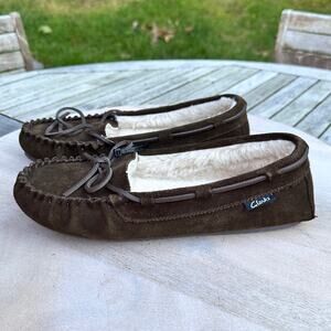 Clarks Womens Suede Moc Indoor Outdoor Slipper Dark Brown Lined Size 10 Mocassin